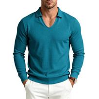 Men's Long Sleeve Polo Shirt V Neck Collared Waffle Knit Casual Solid Color Pullover Top for Daily Business Wear XXXL tamsiai mėlyna spalva