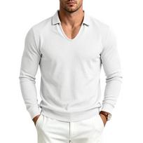 Men's Long Sleeve Polo Shirt V Neck Collared Waffle Knit Casual Solid Color Pullover Top for Daily Business Wear XXXL balta