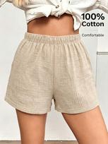 Women's 100% Cotton Loose Fit Shorts with Elastic Waist and Pockets - Comfortable Casual Summer Bottoms for Daily Wear and Vacation. M