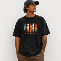 Casual Crew Neck T-Shirt in Black with Vibrant Surfboard And Palm Tree Designs L black