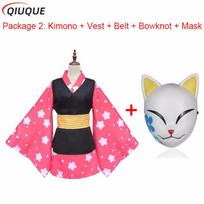Makomo Cosplay Costume Kimono Uniform PVC Mask Wig Halloween Party Costumes for Women and Girls M pink