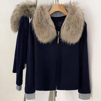 Womens Short Knit Cardigan With Real Fox Fur Collar Double Zipper Loose Fit Winter Outerwear Navy Faded Mink Fur Collar gray