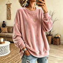 Women's Long Sleeve Velvet Crewneck Sweatshirt, Color Casual Pullover for Everyday Wear S rožinė