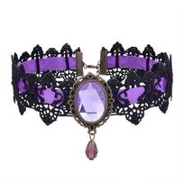 Gothic Style Black Lace Red Crystal Choker Necklace 1pcs violetinė