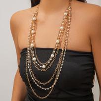 Boho Sweet Imitation Pearl Weaving Long Necklace Women's Stacked Gold Metal Cross Chain Girls Jewelry brown