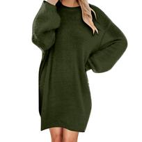 Women Winter Sweater Knit Crewneck Warm Long Sleeve O-Neck Casual Sweatshirts Dress Solid Color Oversized Basic Ladies Clothes XXXL tamsiai žalia spalva