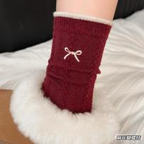 Ankara Red Natal Year Embroidered Medium Tube Socks Women'S Autumn And Winter Warm New Year'S Cute Bow Long Tube Stacked Socks one size fits all【one pair】*5pcs