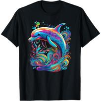 Vibrant Rainbow Dolphin Graphic Tee Abstract Ocean Art Short Sleeve Casual Crewneck T-Shirt M blue