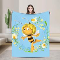 Bitė Maja su gėlėmis pledas Animacinis minkštas patogus pliušinis mesti pledas sofai lovai stovyklavimui Flanelinis lovatiesis lovos uždangalas Size: 75*100cm, Weight: 230 GSM white