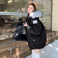 Cargo Jacket Women's Down Jacket Winter Fashionable Hooded Large Fur Collar Solid Color Thickened Warm Jacket L