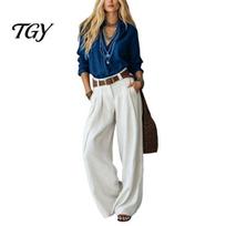 Loose Fit Women Suit Casual Two Piece Set for Fall, V Neck Collared Shirt High Waisted Wide Leg Trousers & Pants, Autumn Outfits M balta