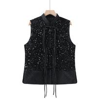 Retro Chinese Style Sequin Velvet Waistcoat with Frog Button XL (95-110 cm) black