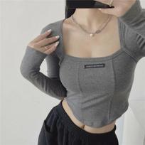Women's Square Neck Fishbone Design Spicy Strips Long-Sleeve Crop Top Large tamsiai pilka spalva