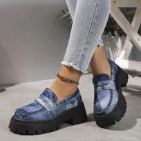205 New Women Chunky Heels Loafers Fashion Crystal Slip on Platform Shoes Woman Gothic Thick Bottom Shallow Denim Pumps Mujer 37 tamsiai mėlyna spalva