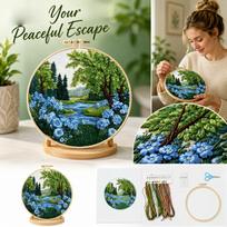 Relaxing 3D Embroidery Kit for Beginners with 20 Hoops, Scissors and Threader - Forest and Stream Scenery DIY Set one size black