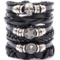 Hip Hop Vyriška Odinė Apyrankė Gotikinė Punk Kaukolės Karoliukų Papuošalas Juoda Kombinacija Rankomis Austa Gatvės Papuošalų Aksesuarai Leather Bracelet Set gray