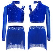 Girls Stage Wear Crop Top Rhinestone Embellished One Shoulder Style and Elastic Waist Fringe Bottoms for Modern Dance 15-16 Years mėlyna