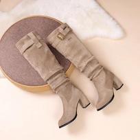 Women's Suede Pointed Toe High Tube Boots Chunky Heel Solid Color Winter Warm Fashion Sleeve Boots 41 beige