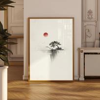 Japanese Ink Tree Poster Wabi Sabi Bonsai Wall Art Print with Red Sun, Minimalist Zen Decor for Office, Neutral Art Home Gift 50X70CM No Framed