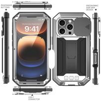 Karinis tvirtas metalinis dėklas iPhone 13 14 15 16 17 Pro Max, su slankiojančiu kameros dangteliu, integruotu ekrano apsauginiu stiklu, pilno korpuso hibridinis dangtelis For iPhone 17 sidabras