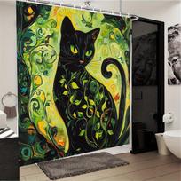 Artistic Black Cat Shower Curtain -Waterproof,Mildew-Resistant With Vibrant Green Swirls For A Unique And Stylish Bathroom Decor W60H190(CM)-1 Pcs gray