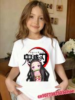 Vintage Demon Slayer Kid Tshirt, Tanjiro Nezuko Inosuke Retro Print Oversized Pure Polyester Short Sleeve Casual Wear 150 white