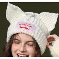 1 vnt. Moteriška šilta kepurė Beanie Hast, Korėjietiško stiliaus saldi su lapės ausimis dryžuota megzta kepurė su raidės pleistru, Tinka lauko veiklai One Size balta