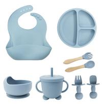 8-Piece Silicone Baby Tableware Set: Food-Grade Bib, Suction Plate, Bowl, Spoon, and Fork. gray