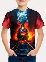 T-Shirts for Boys Summer Fun Children's Clothing Steam Train Graphic T Shirts 3D Print Outdoor Short Sleeves Kids Boy Clothes 120 black
