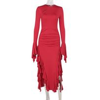 Fall Socialite Quality Slim Ruffled Slit Long-sleeved Spice Girl Dress S raudona
