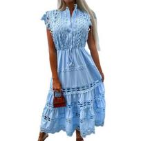Women Sleeveless Party Dress Solid Color Lace Stitching Double Layers Hollow Out Temperament Tight Waist Dress Up M mėlyna