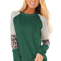 SCIONE 2019 Autumn New Women's Stitching Hot Casual T-shirt Round Neck Loose Leopard Top XXL tamsiai žalia spalva