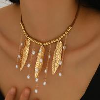 Retro Leaf Pendant Pearl Tassel Velvet Choker Necklace for Women brown