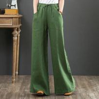 Spring Summer High Waist Wide Leg Pants Women's Loose Cotton Linen Trousers Draped Casual Long Pants L žalia