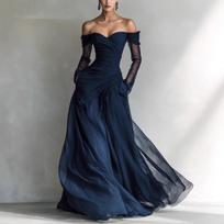 Moteriška laisvalaikio elegantiška tinklinė su patchwork detalėmis, be petnešėlių, ilga suknelė XL mėlyna