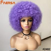 Afro Kinky garbanotas perukas su kirpčiukais Trumpų pūkuotų plaukų Perukai juodoms moterims Sintetinis Ombre Glueless Cosplay Natural Ruda Juoda Rožinė 10 inch purple