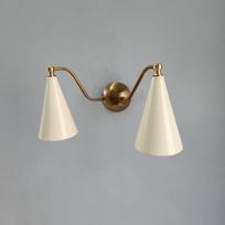 Double Cone Brass Wall Sconce: Mid-Century Modern Light with Ivory Shades balta