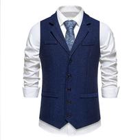 Autumn Men's Lapel Multi-Pockets Vest  Herringbone Coarse Tweed Suit Vest British Casual Vintage Gentleman Leisure Party L tamsiai mėlyna spalva