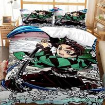 3D Printed Anime Demon Slayer Duvet Cover Nezuko Tanjirou Bedding Set Double Twin Full Queen King Adult Kids Quilt Cover 140*200cm/55x79in Single/Twin 3pcs black