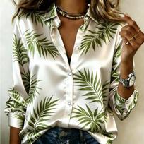 Women Satin Long Sleeve Shirt Tropical Palm Leaf Print Blouse Lapel Single Breasted Loose Office Tops XXL white