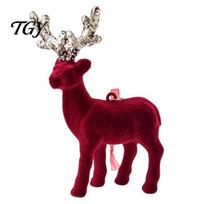 Flocked Reindeer Figurines Christmas Flocking Elk Statue, Red Plush Ornament, Cute Seated Holiday Hanging Decorations Standing Deer Sculpture for Wine C brown