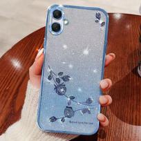 Phone Case For Samsung Galaxy A06, A05, A04, A04e, F04, M04 Flash Pink Flower Transparent Shock Protection Luxury Diamond Shining Protective Cover Samsung A04e/F04/M04 mėlyna