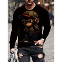 Men's Monkey Print Full-Length Long Sleeve T-Shirt - Soft Breathable Casual Round Neck Top with Monkey Face 5XL black