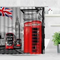 Londono gatvės vaizdas Dušo užuolaidos Big Ben Raudona telefono būdelė Autobuso spaudinys Retro sienų dekoras Audinio ekranas Kabliukai Vonios užuolaidų rinkinys W60H190(CM)-1 Pcs