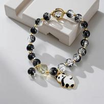 1 Piece Of Handmade Ethnic Cute Panda Bracelet With Black And White Panda Charm, Beads And Gold Spacers - Unique  Jewelry gray