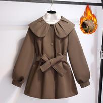 Women's French-Style Doll Collar Windbreaker: Waist-Cinched Wool Padded Coat for Spring, Autumn, and Early Winter 2026. Small black
