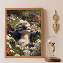 Disney Diamond Painting Kit Stitch Flower Crown 5D DIY, suitable for beginners and craft lovers, interior space decoration Round 20x30cm black