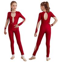 Vaikų mergaičių dailiojo čiuožimo gimnastikos šokių pasirodymo kostiumo kombinezonas ilgomis rankovėmis Unitard Bodysuit 13-14 Years raudona