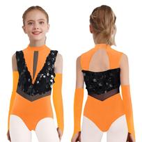 Mergaičių gimnastikos triko su pirštinėmis, aukštu kaklu, be rankovių, blizgučiais, spalvų bloku, šokių kostiumas 9-10 Years oranžinė