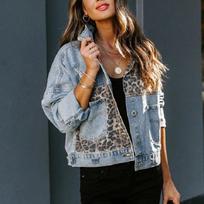 New Loose Denim Jacket Fashion Leopard Print Stitching Hole Denim Jacket Casual Joker Denim Coat 3XL mėlyna